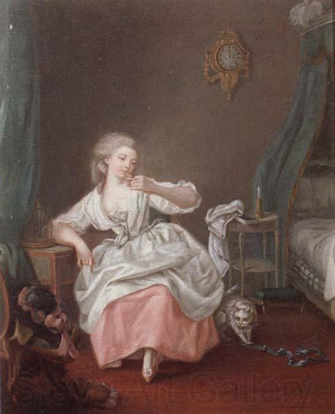 unknow artist A bedroom interior with a young girl holding a song bird